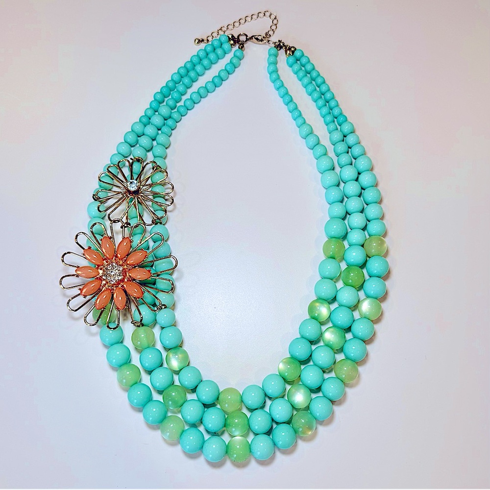 Vintage Turquoise Beaded Three Strand Necklace With Coral & Crystal Flowers